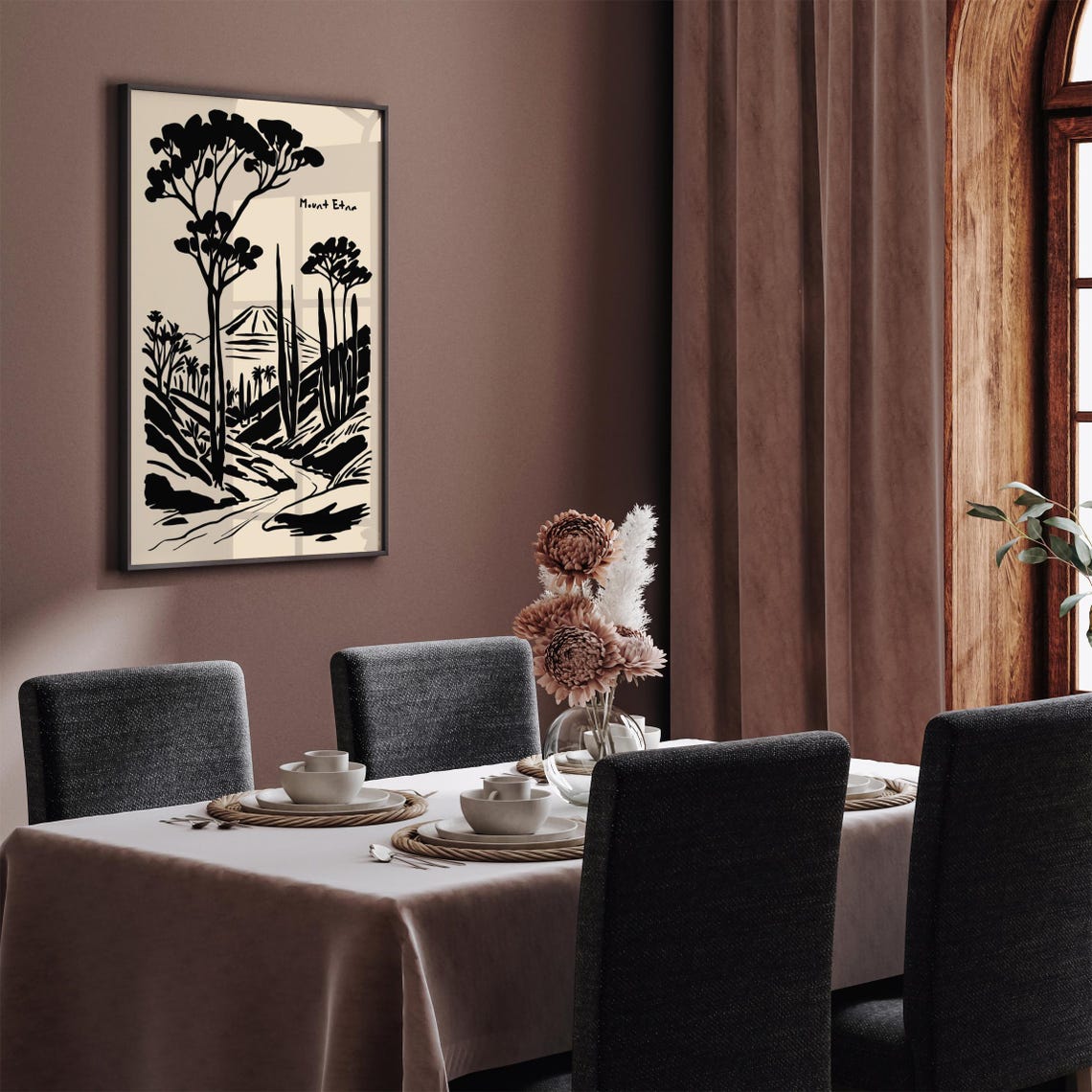 Mount Etna Minimalist Ink Landscape Poster in Black and Cream - Image 2