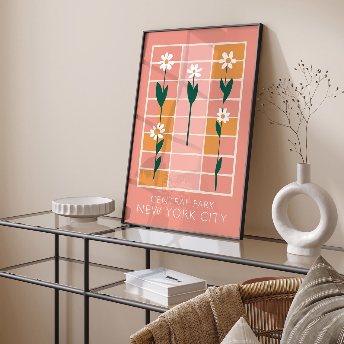 Peach Retro Central Park New York City Daisies Floral Poster - Image 5