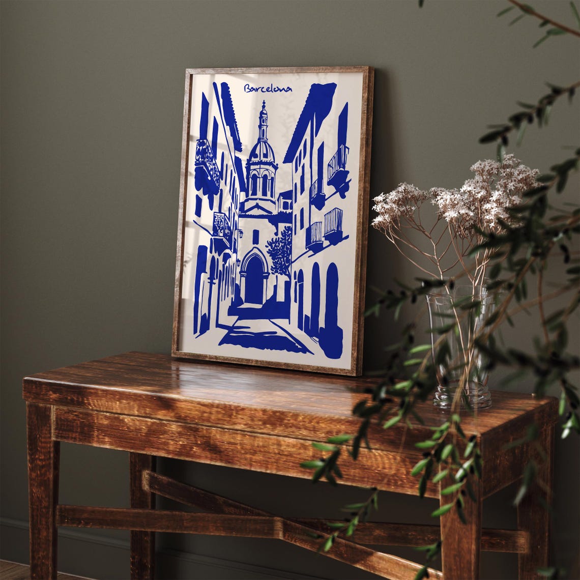 Barcelona Blue Ink Street With Domed Church Architecture Poster - Image 3