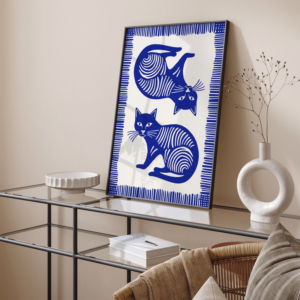 Blue Striped Linocut Cats Playful Modern Feline Wall Decor Poster - Image 4