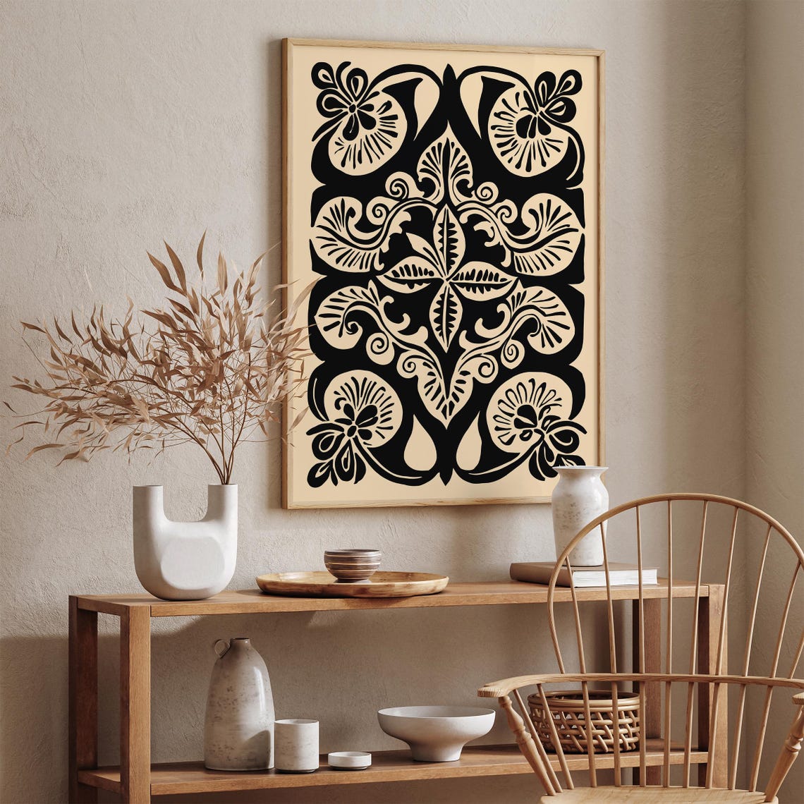Bold Black and Cream Art Nouveau Floral Ornament Pattern Poster - Image 4