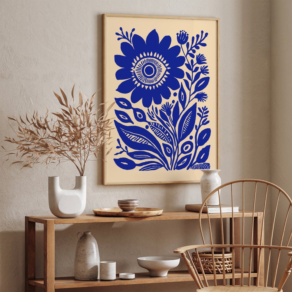 Indigo Blue Floral Eye Folk Art Bohemian Style Vintage Poster - Image 4