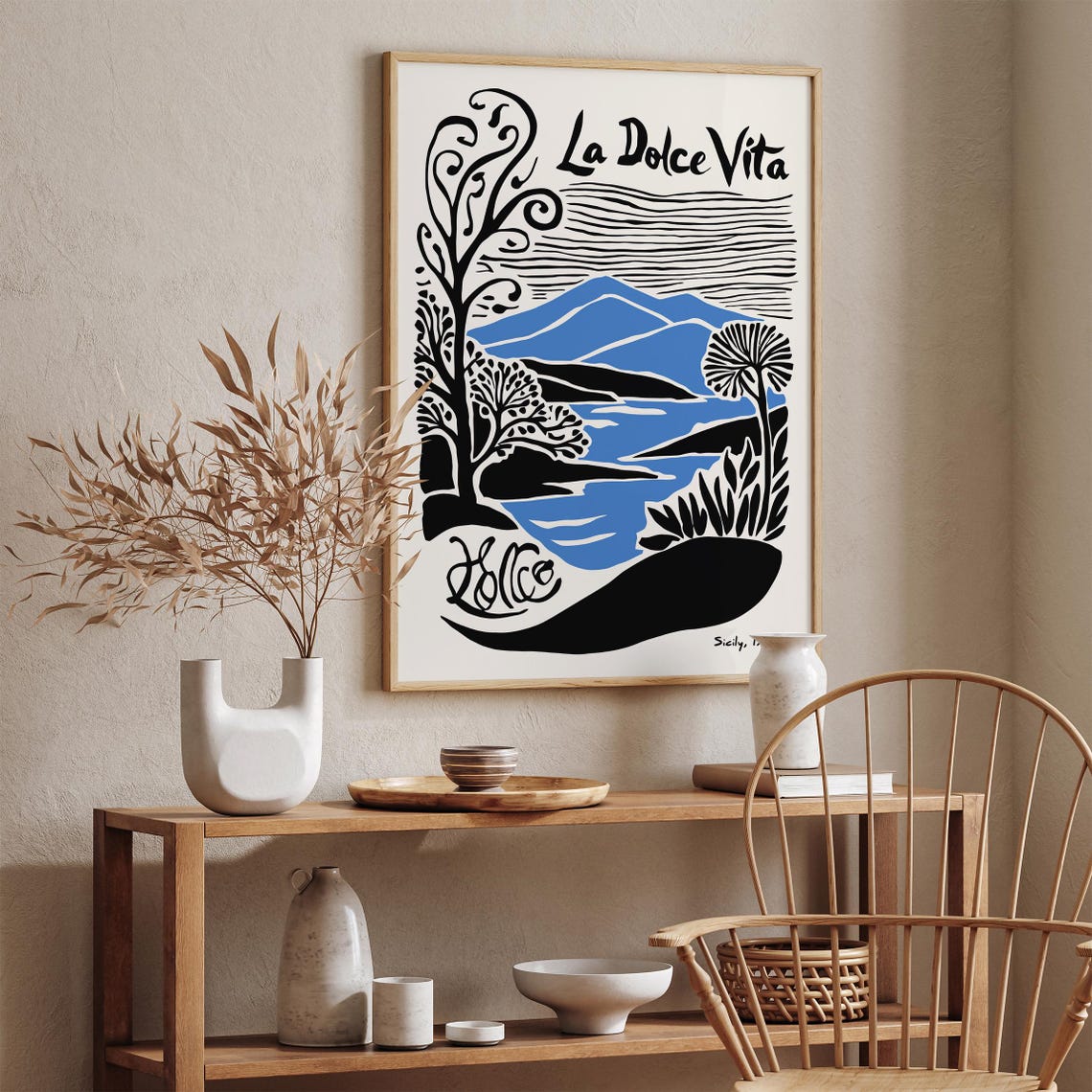 La Dolce Vita Sicily 1991 Blue Coastal Mountain Travel Poster - Image 2