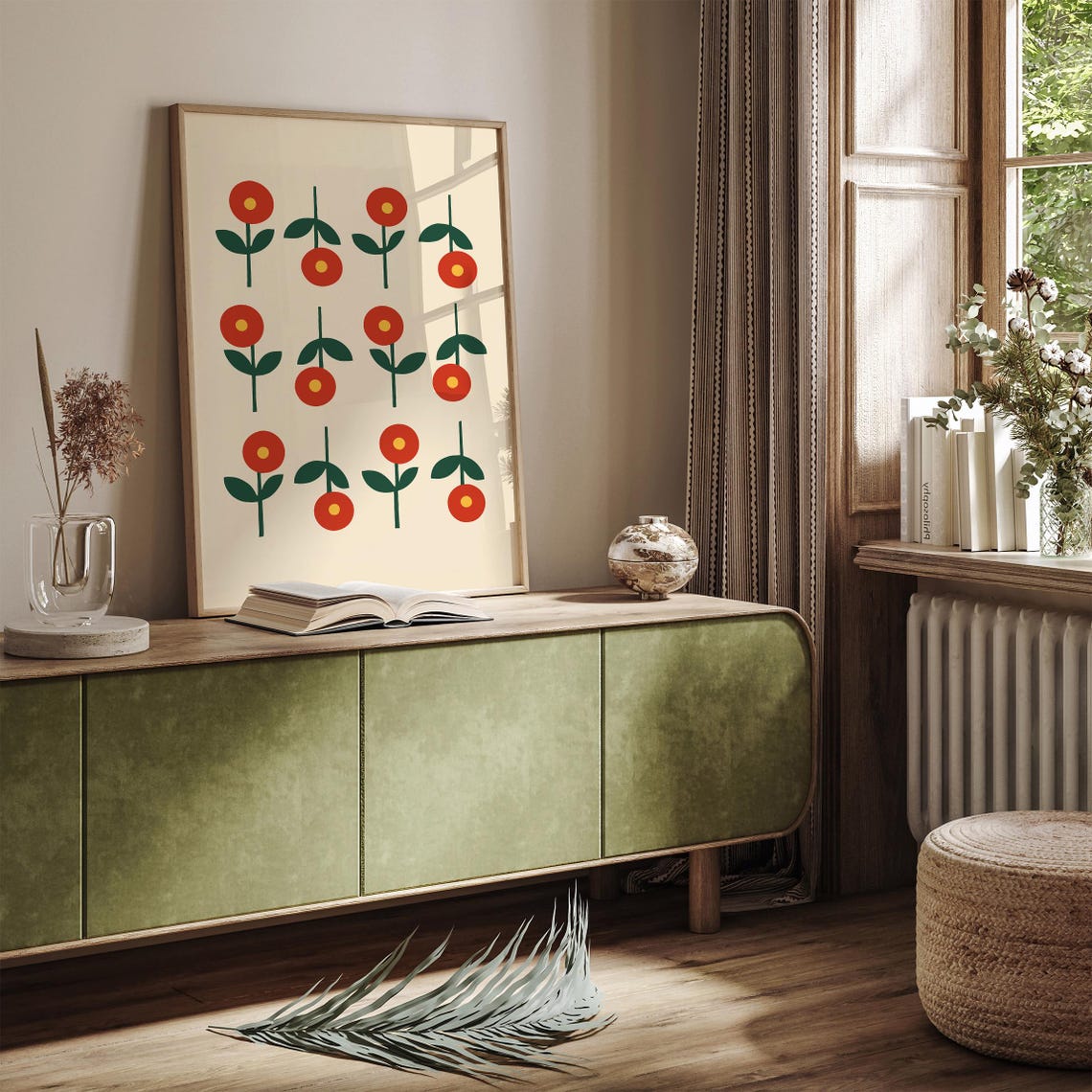 Mid Century Modern Red Flowers Simple Floral Pattern Art Print - Image 4