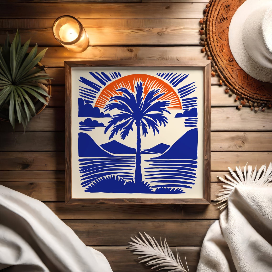 Blue Palm Tree Sunset Ocean Waves Bold Graphic Square Art Poster - Image 3
