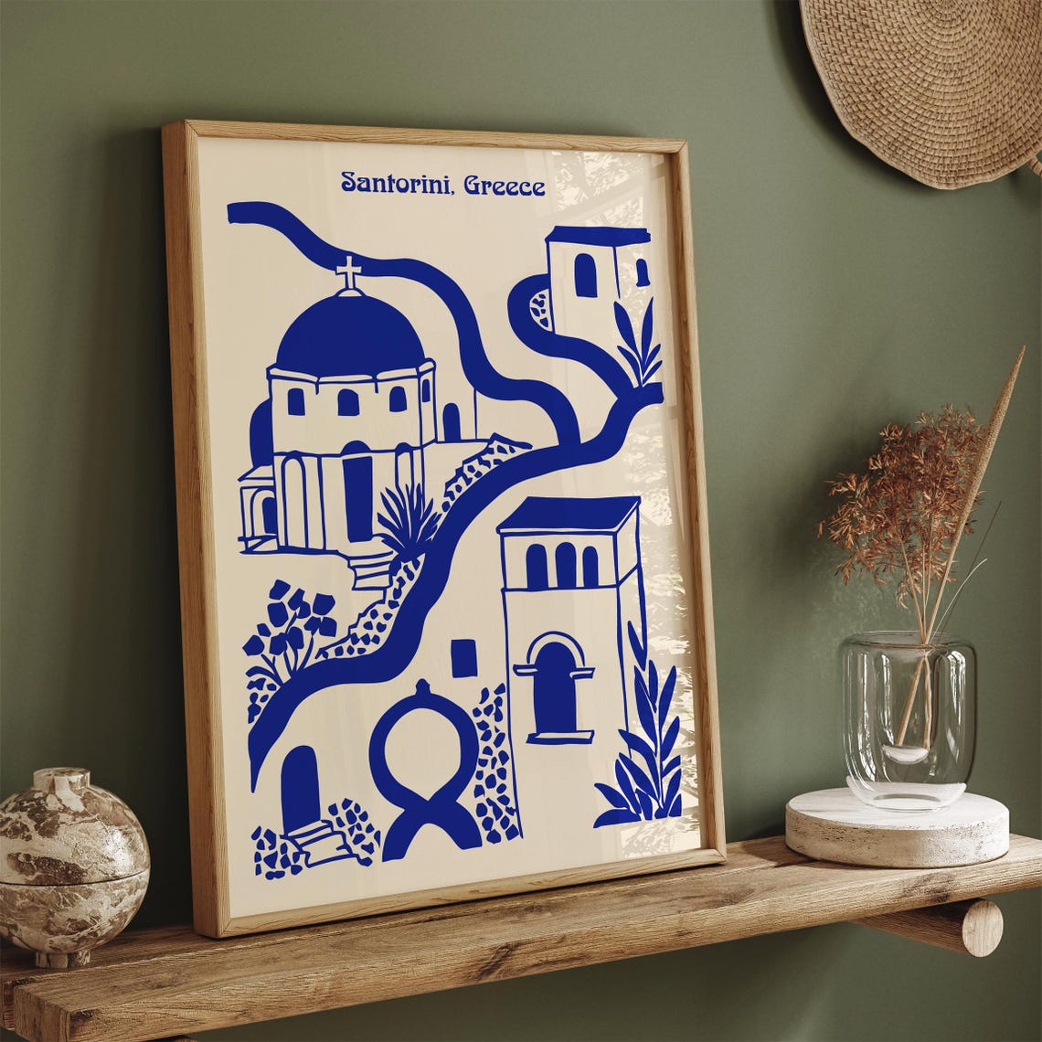 Santorini Greece Blue Indigo Churches Coastal Art Travel Print