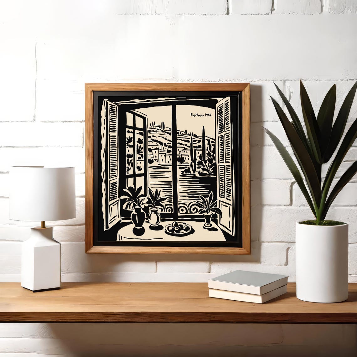 Positano 1987 Window Balcony View Black Ink Vintage Travel Poster - Image 2