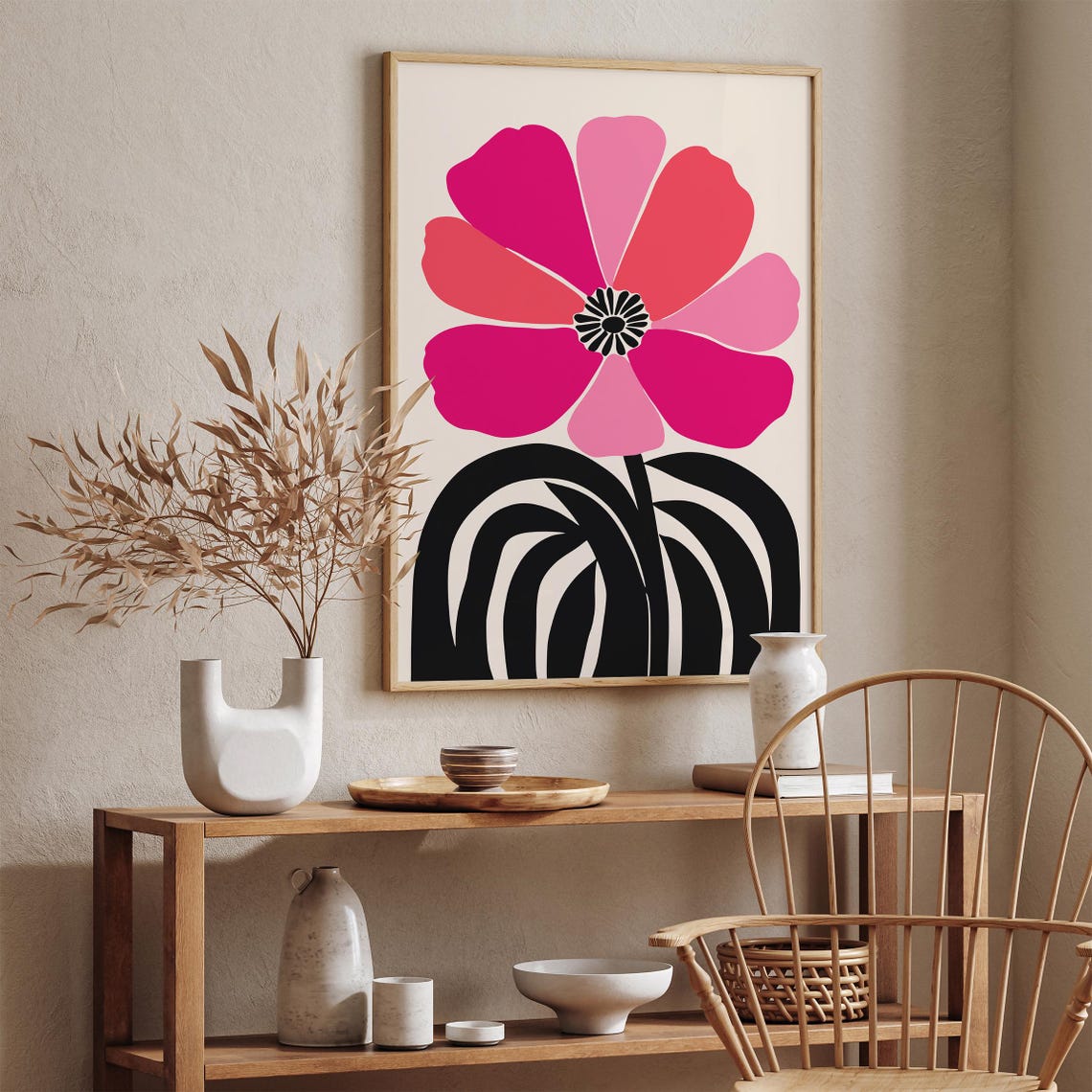 Retro Pink Blossom Abstract Flower Modern Botanical Wall Art - Image 3