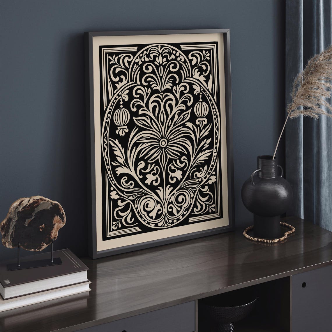 Black Cream Rococo Ornamental Floral Victorian Botanical Poster - Image 2