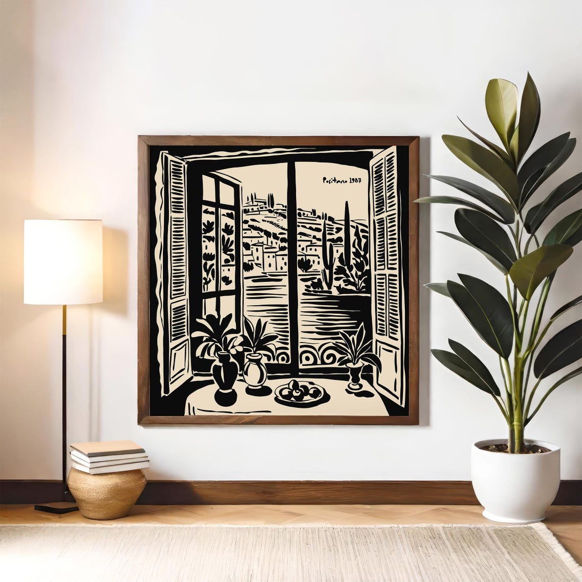 Positano 1987 Window Balcony View Black Ink Vintage Travel Poster - Image 3