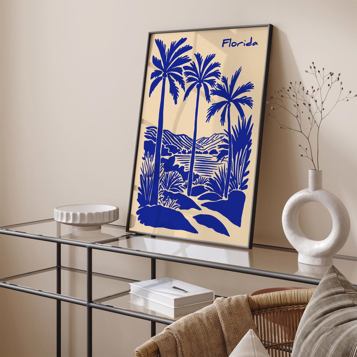 Vintage Florida Palm Trees Blue Linocut Beach Poster On Cream - Image 3