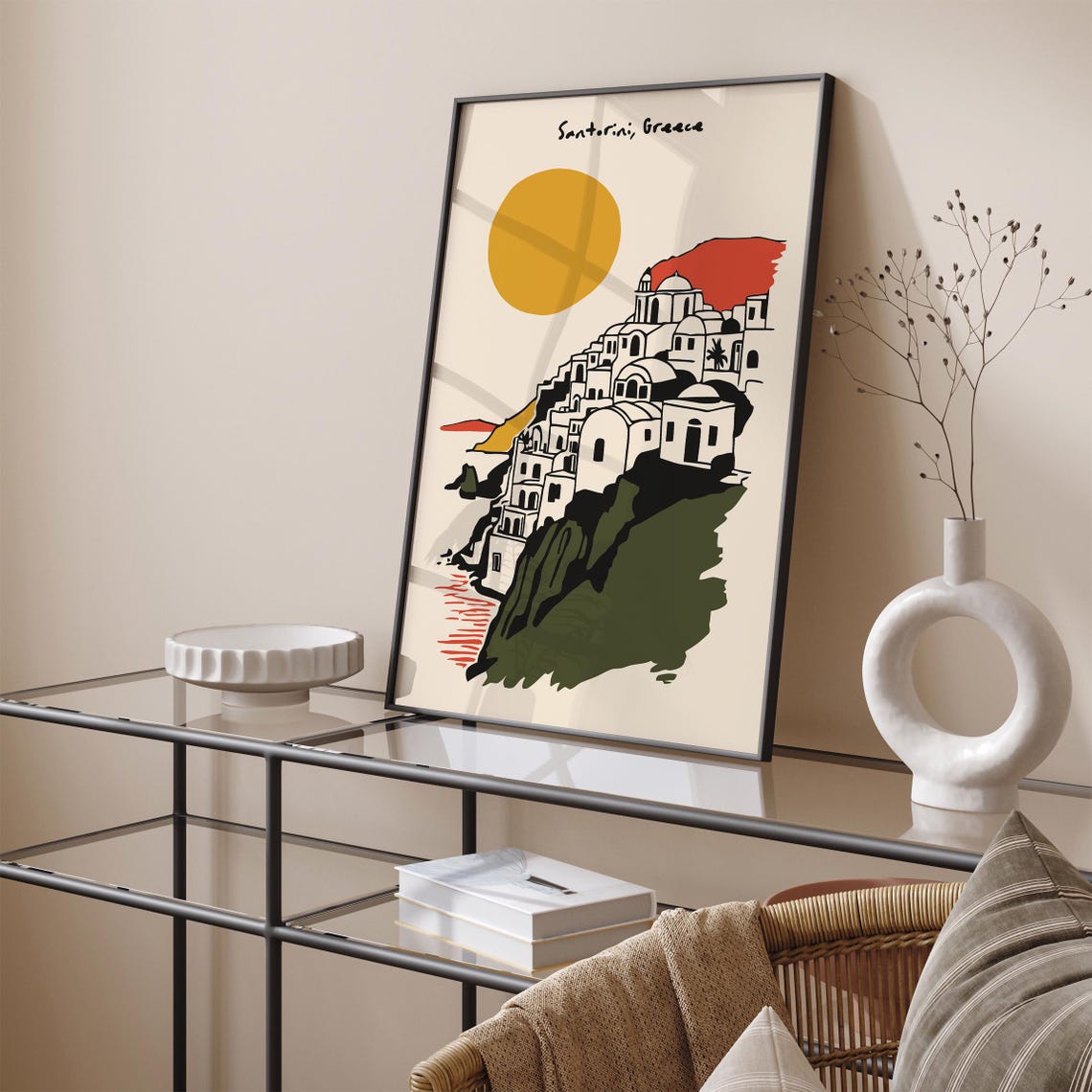 Santorini Greece Sunset Cliff Village Illustration Travel Poster - Image 3