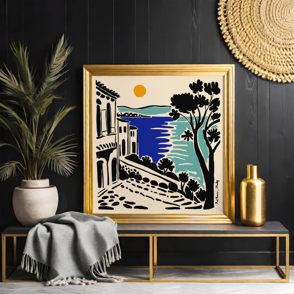 Positano Italy Coastal Street Blue Sea Linocut Travel Art Poster - Image 5