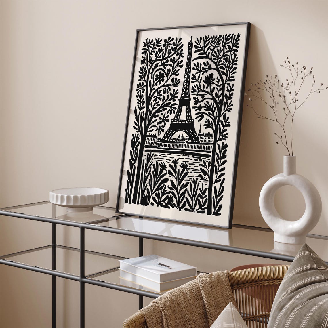 Black and White Eiffel Tower Between Trees Folk Linocut Poster - Image 2