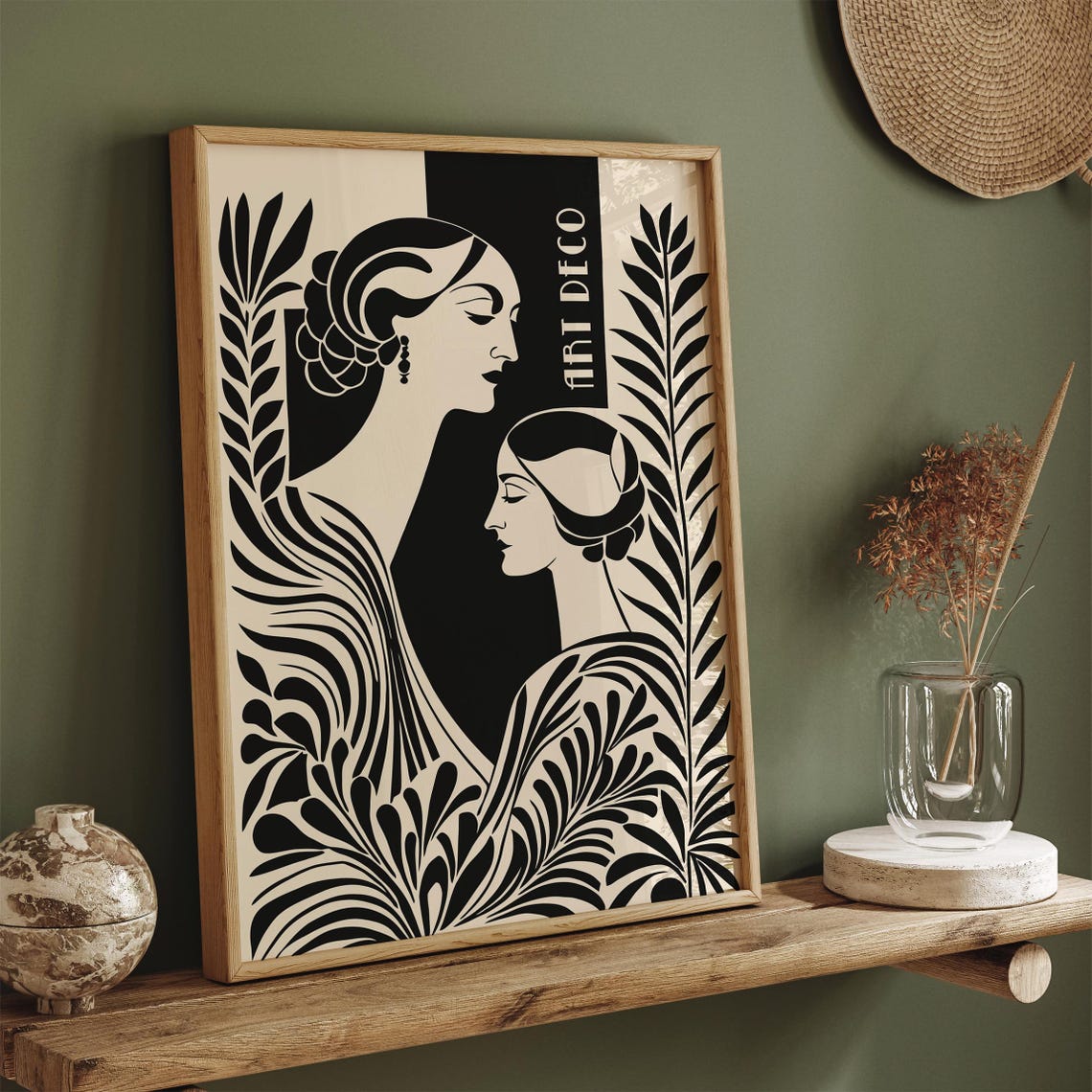 Art Deco Double Profile Women Black Beige Elegant Art Poster - Image 3