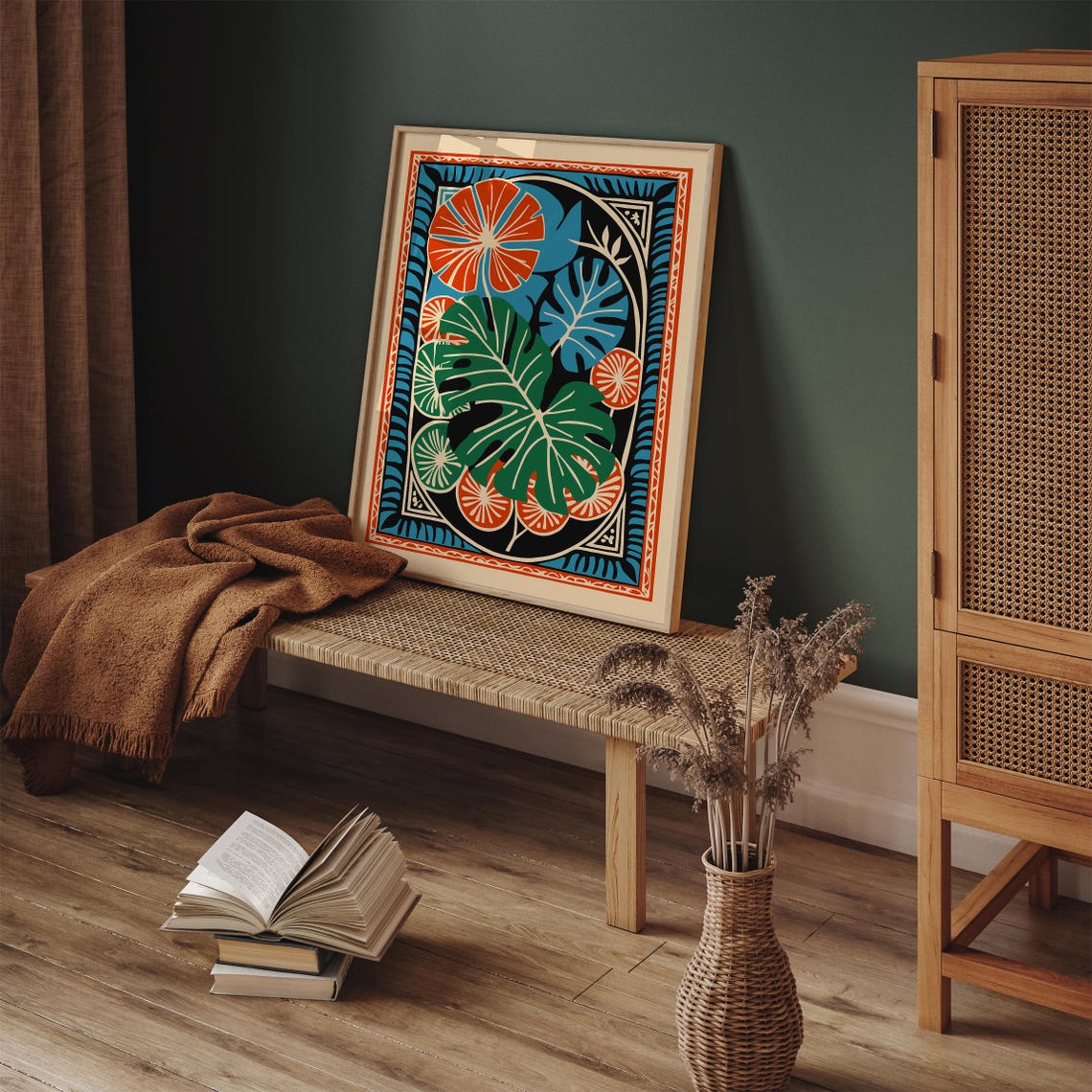 Bold Tropical Monstera Leaves Orange Green Blue Boho Botanical Poster - Image 5