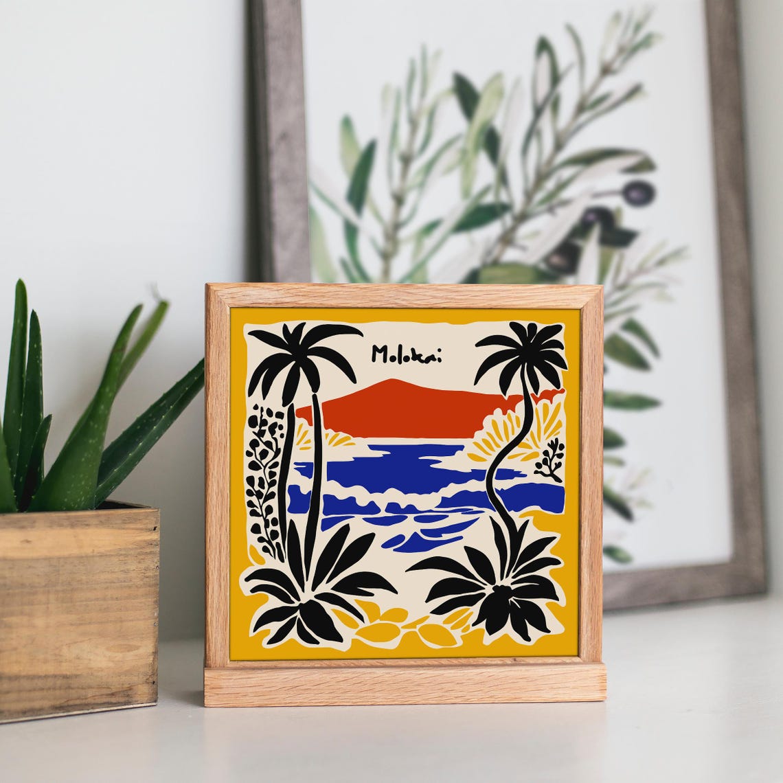 Molokai Hawaii Palm Trees Red Hills Bold Tropical Art Poster - Image 2