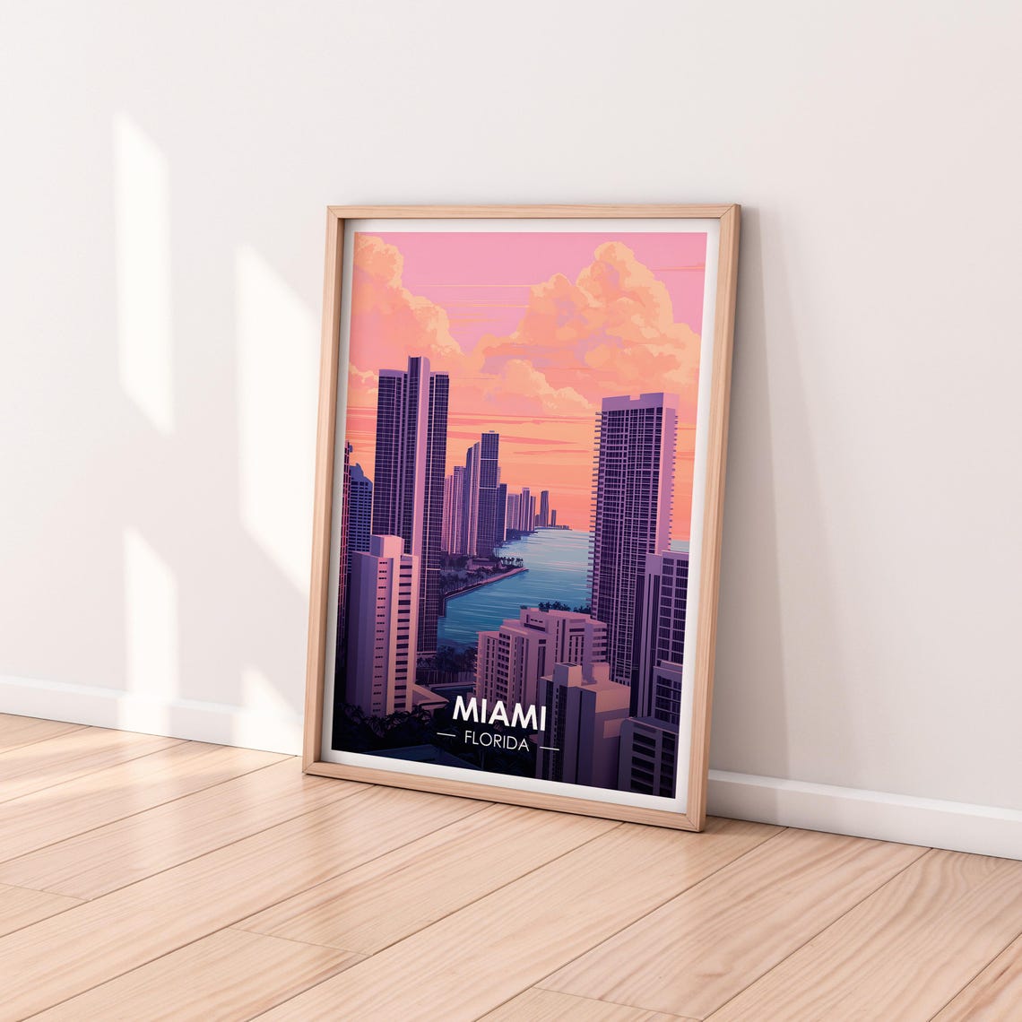 Miami Florida Downtown Skyline Pink Sunset Vintage Travel Poster - Image 2