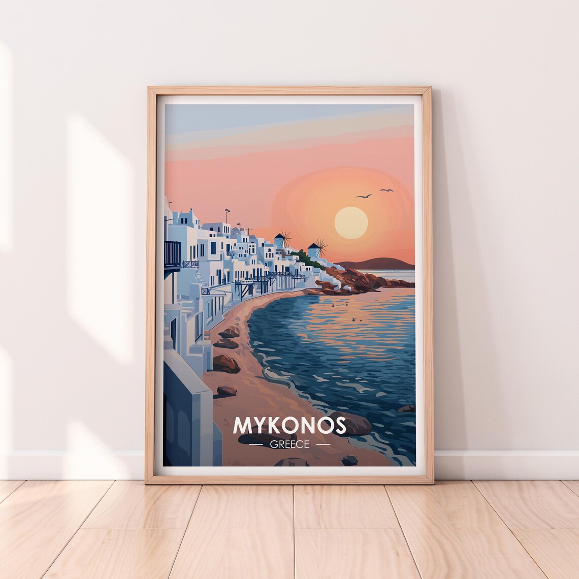 Mykonos Greece Sunset Windmills Beach Scene Vintage Travel Poster