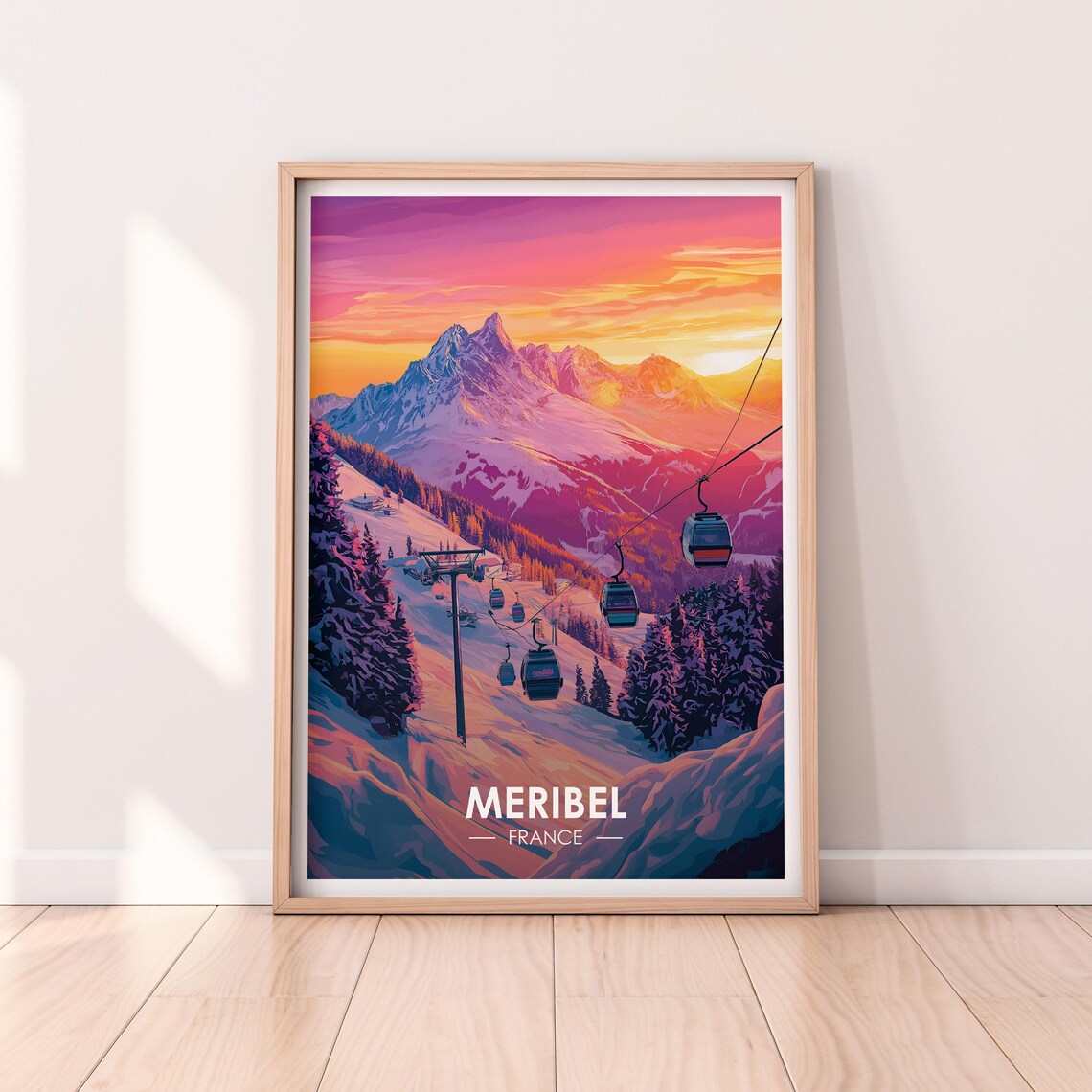 Meribel France Gondola Lift Snowy Slope Sunset Pink Sky Poster