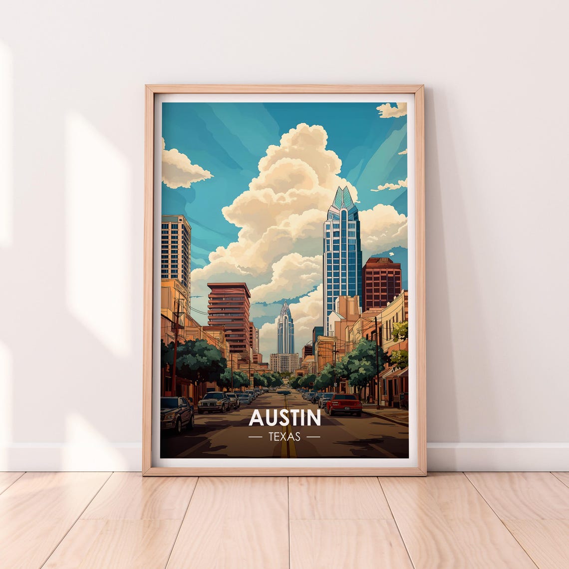 Austin Texas Downtown Street Skyline Daytime Vintage Travel Poster