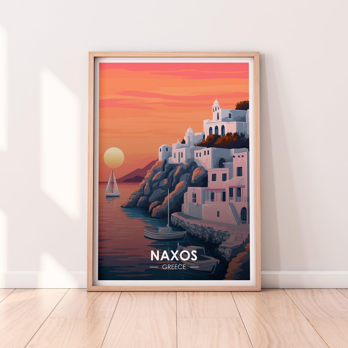 Naxos Greece Sunset Over Whitewashed Cliff Town Travel Poster