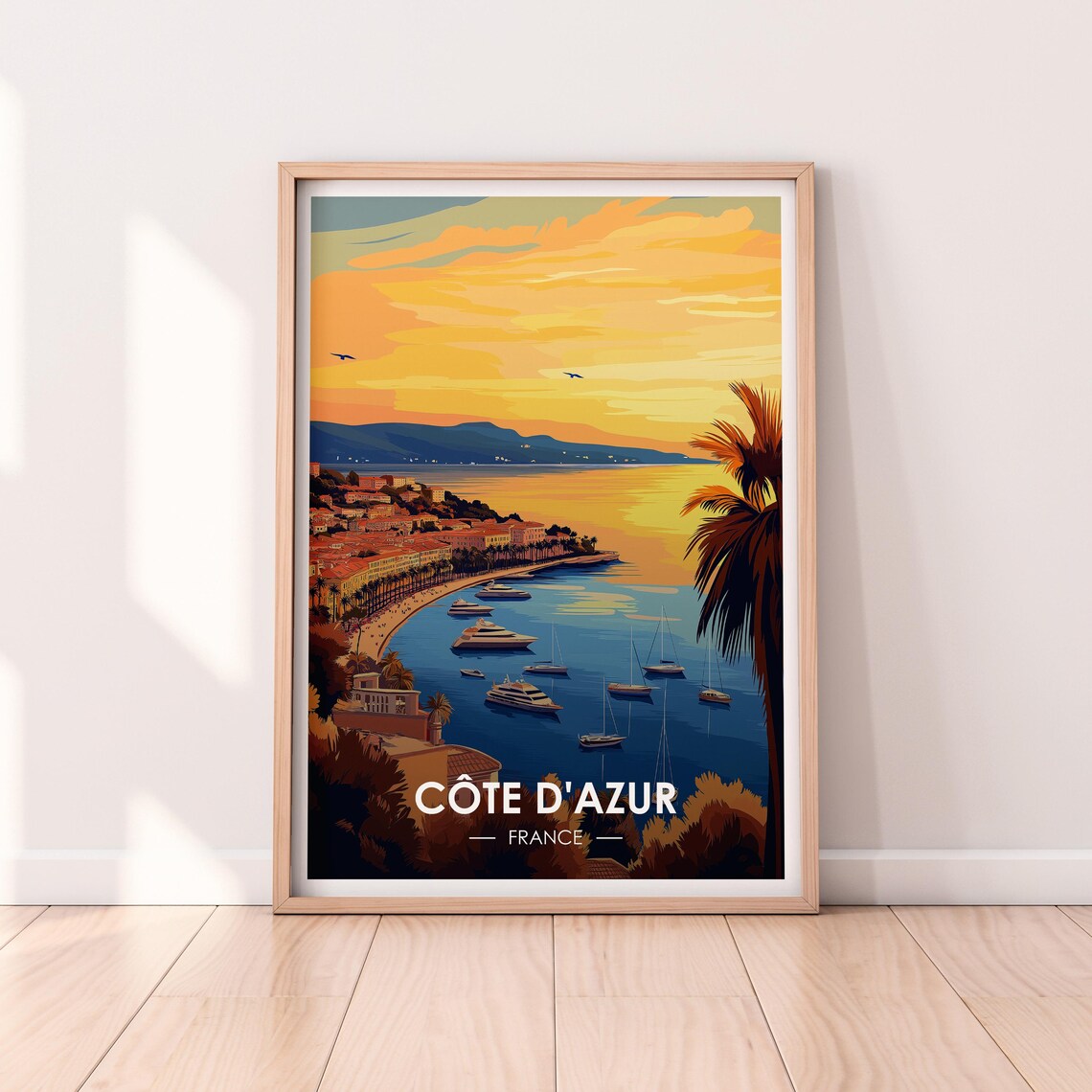 Côte d'Azur France Sunset Bay Yachts Coastal Vintage Travel Poster