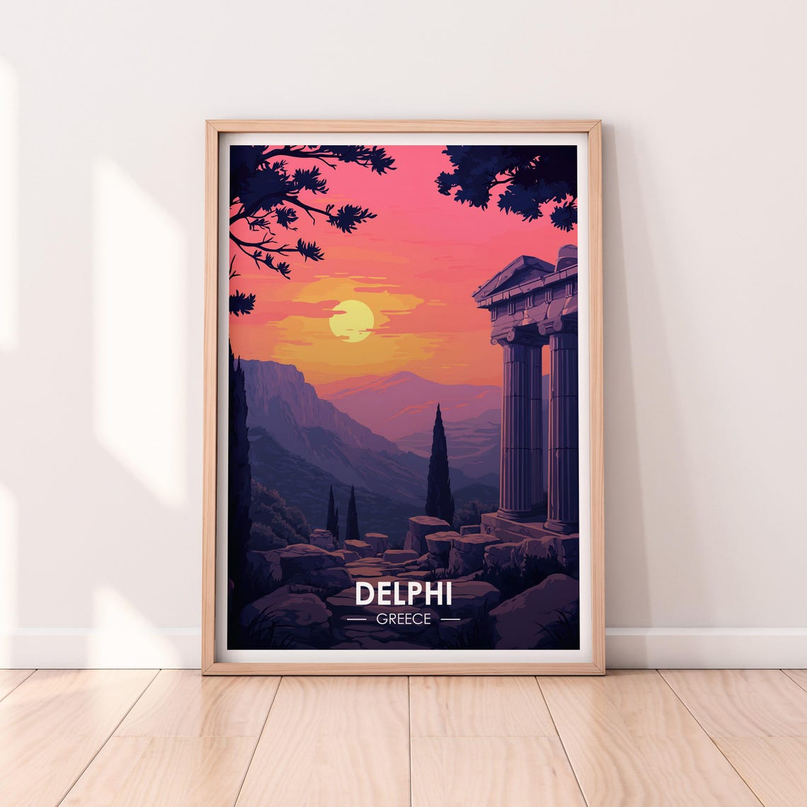 Delphi Greece Ancient Temple Ruins Mountain Sunset Travel Poster