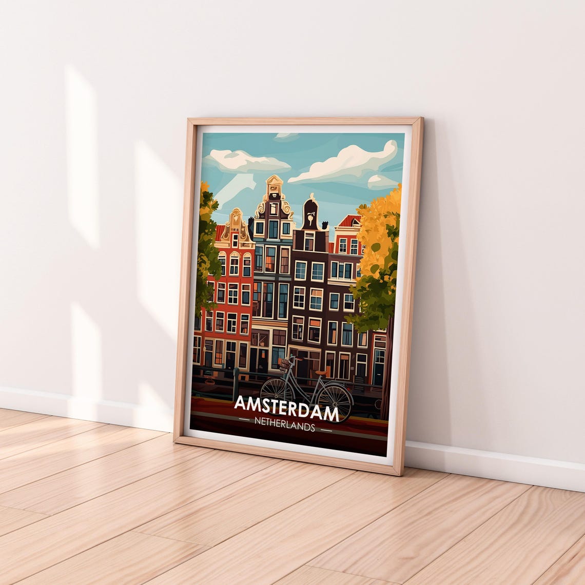 Amsterdam Netherlands Canal Houses Bicycle Retro Travel Poster - Image 2