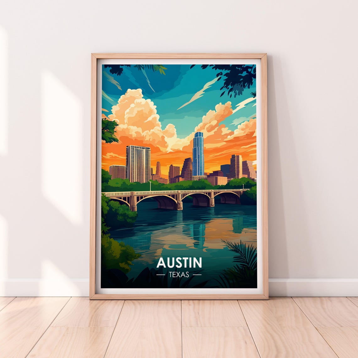 Austin Texas Skyline Bridge Dusk River Reflection Travel Poster