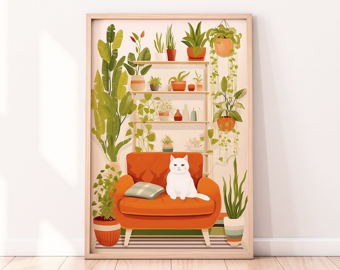 White Cat With House Plants Boho Art Print