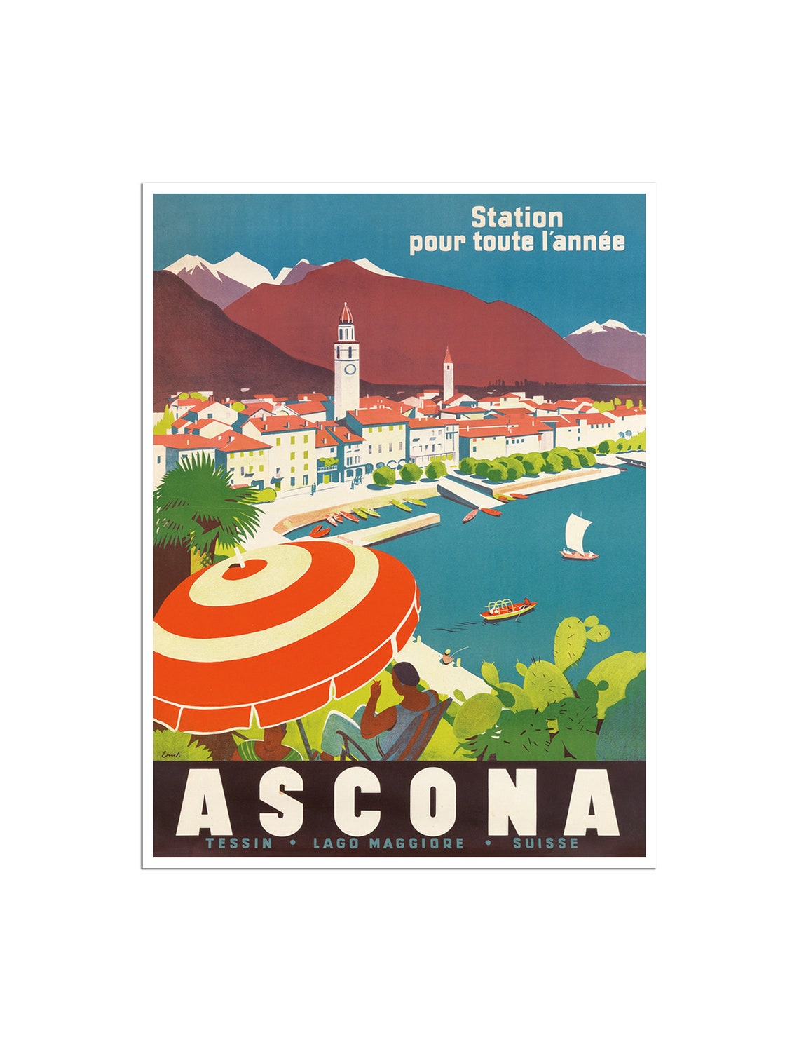 Ascona Lake Maggiore Switzerland Lakeside Vintage Travel Poster