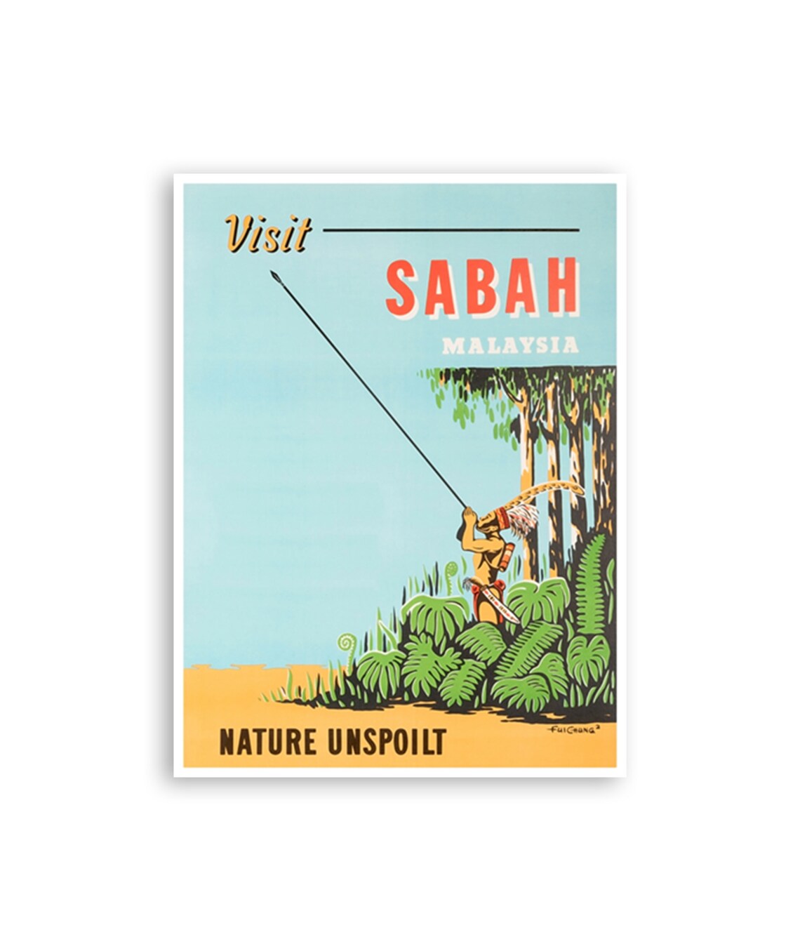 Visit Sabah Malaysia Vintage Travel Poster Blowpipe Hunter Jungle Art
