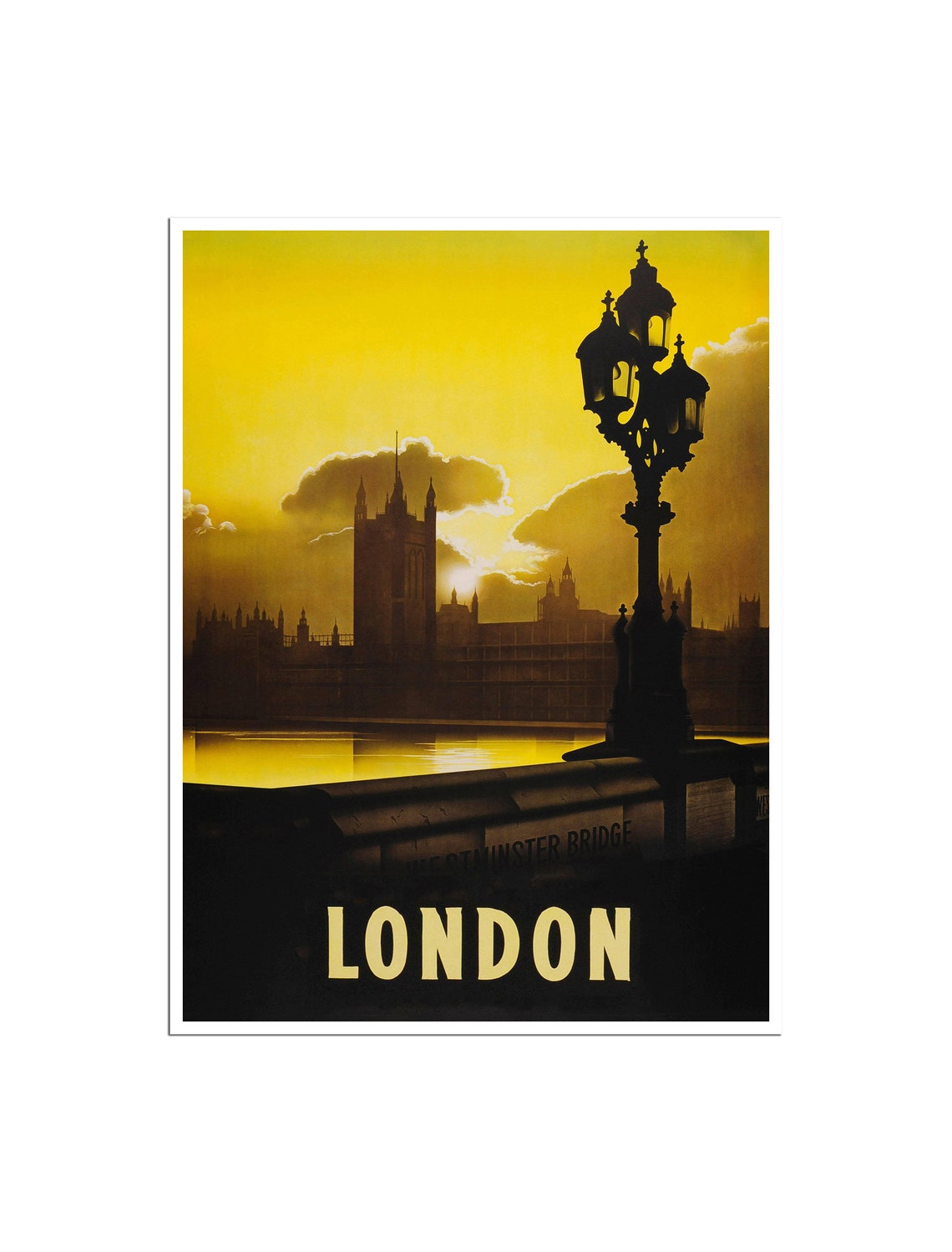 London Vintage Travel Poster Westminster Bridge Sunset Parliament