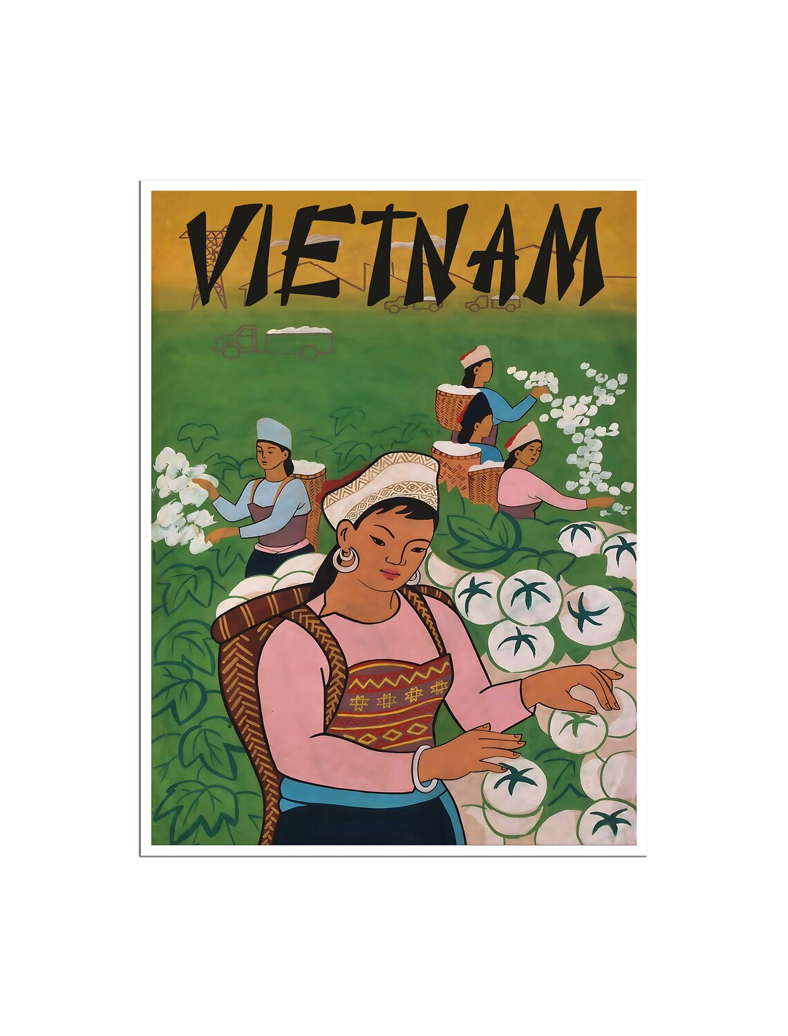 Vietnam Vintage Cotton Harvest Women Baskets Folk Travel Poster