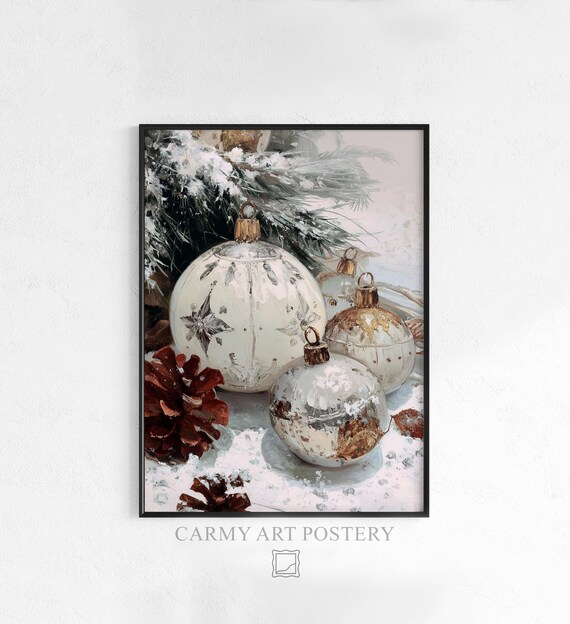 Rustic Silver Christmas Baubles Snow Pinecones Vintage Holiday Print