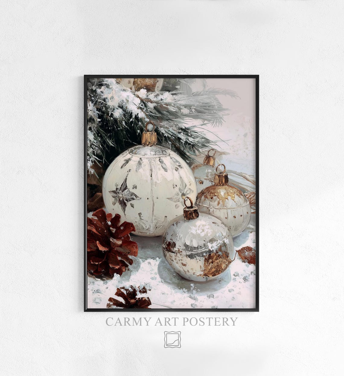 Rustic Silver Christmas Baubles Snow Pinecones Vintage Holiday Print