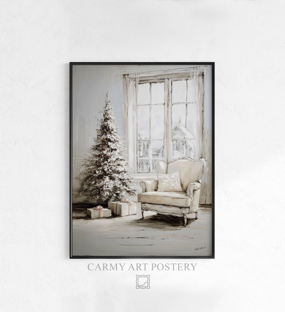 Cozy White Christmas Tree Armchair Window Neutral Holiday Poster