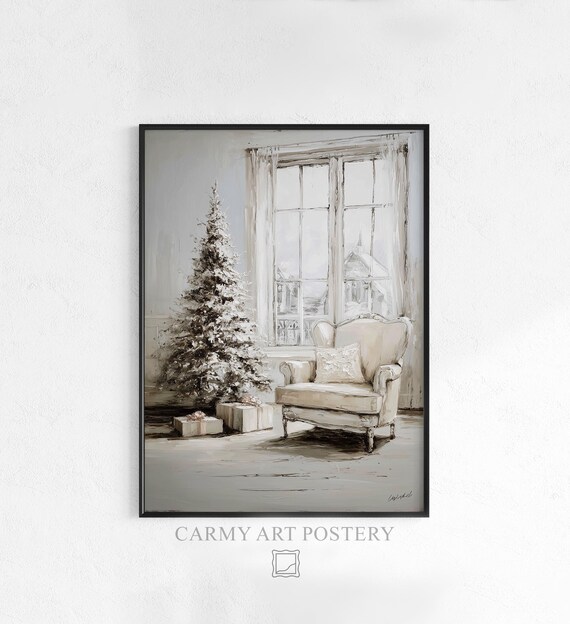 Cozy White Christmas Tree Armchair Window Neutral Holiday Poster