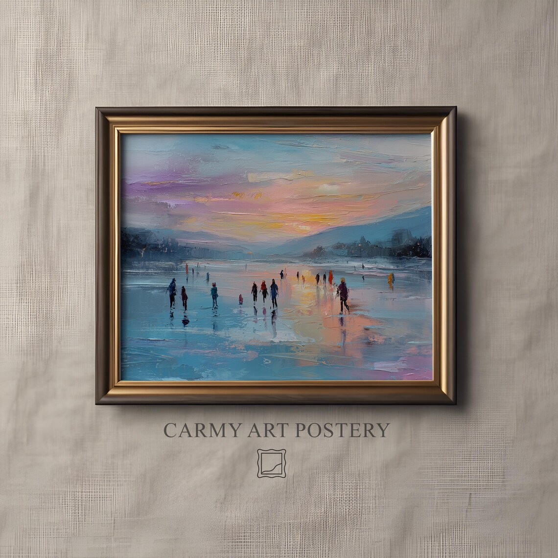 Ice Skaters on Frozen Lake Sunset Impressionist Winter Art Poster
