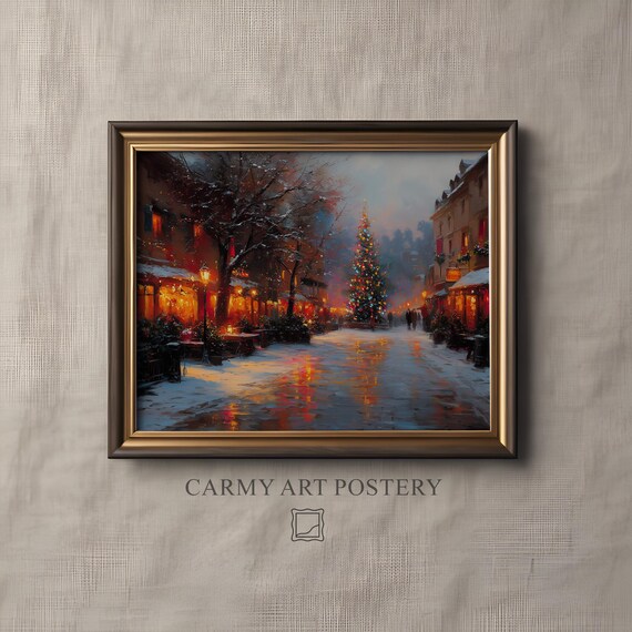 Snowy Christmas Village Street Evening Lights Impressionist Art Poster