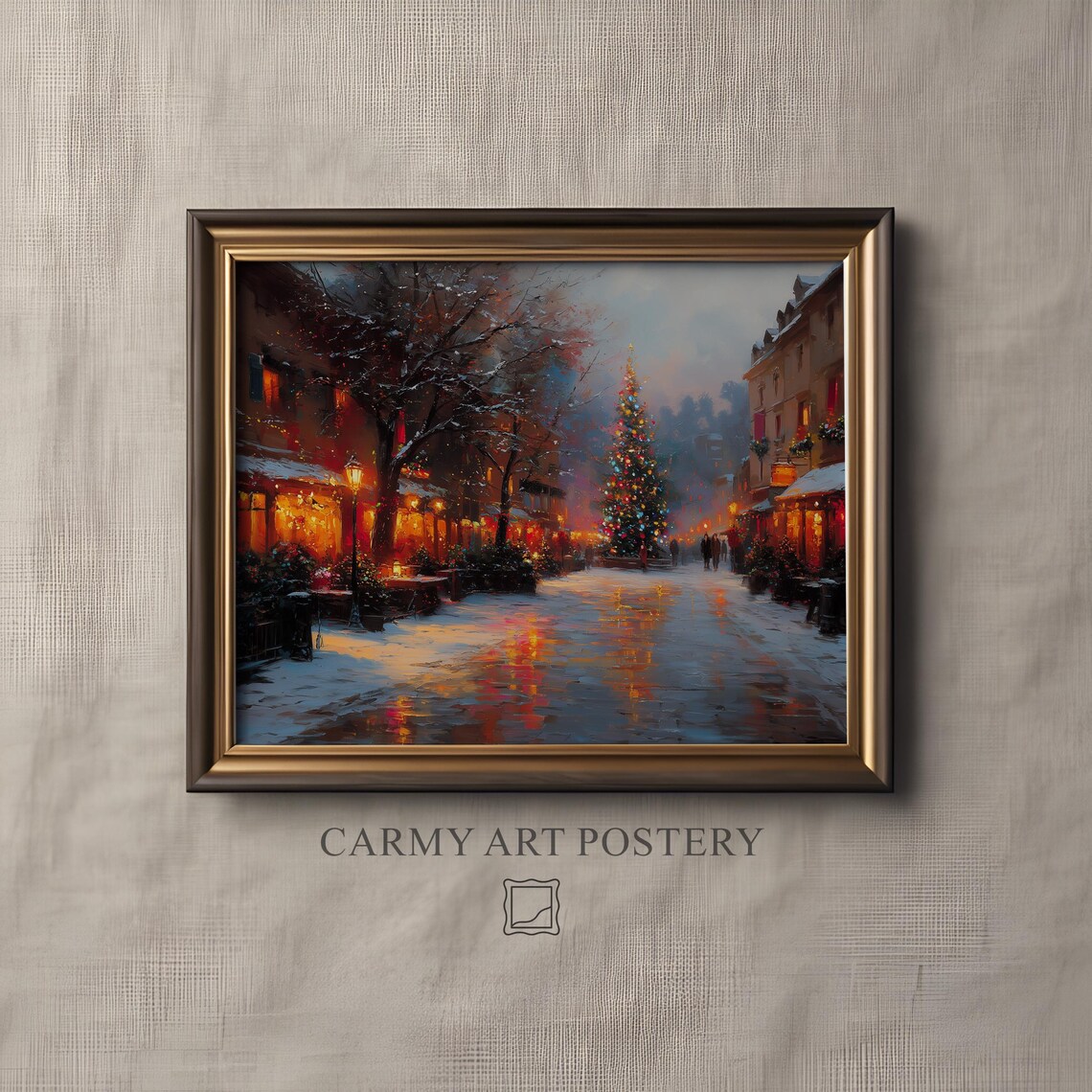 Snowy Christmas Village Street Evening Lights Impressionist Art Poster
