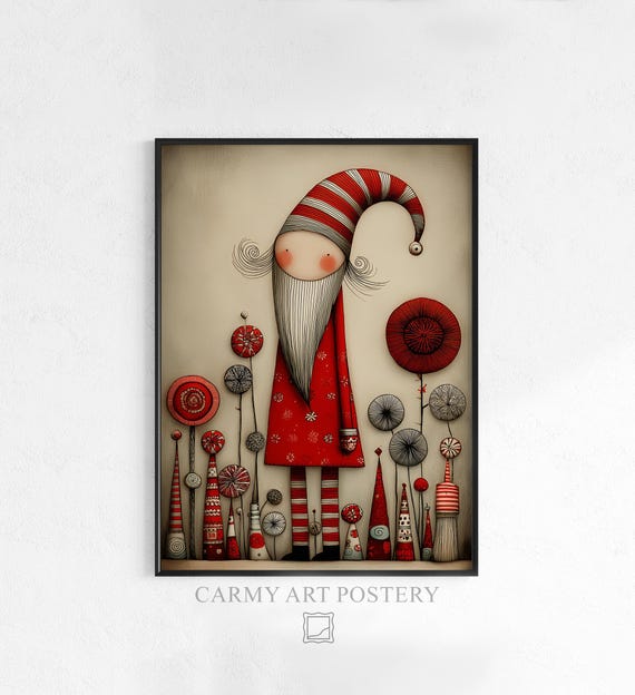 Christmas Gnome Wall Art Festive Decor Whimsical Holiday Illustration Cozy Vintage Style 418