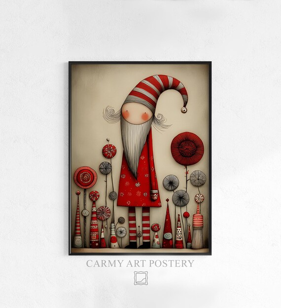Whimsical Christmas Gnome Red Hat Hand Illustrated Folk Art Holiday Poster