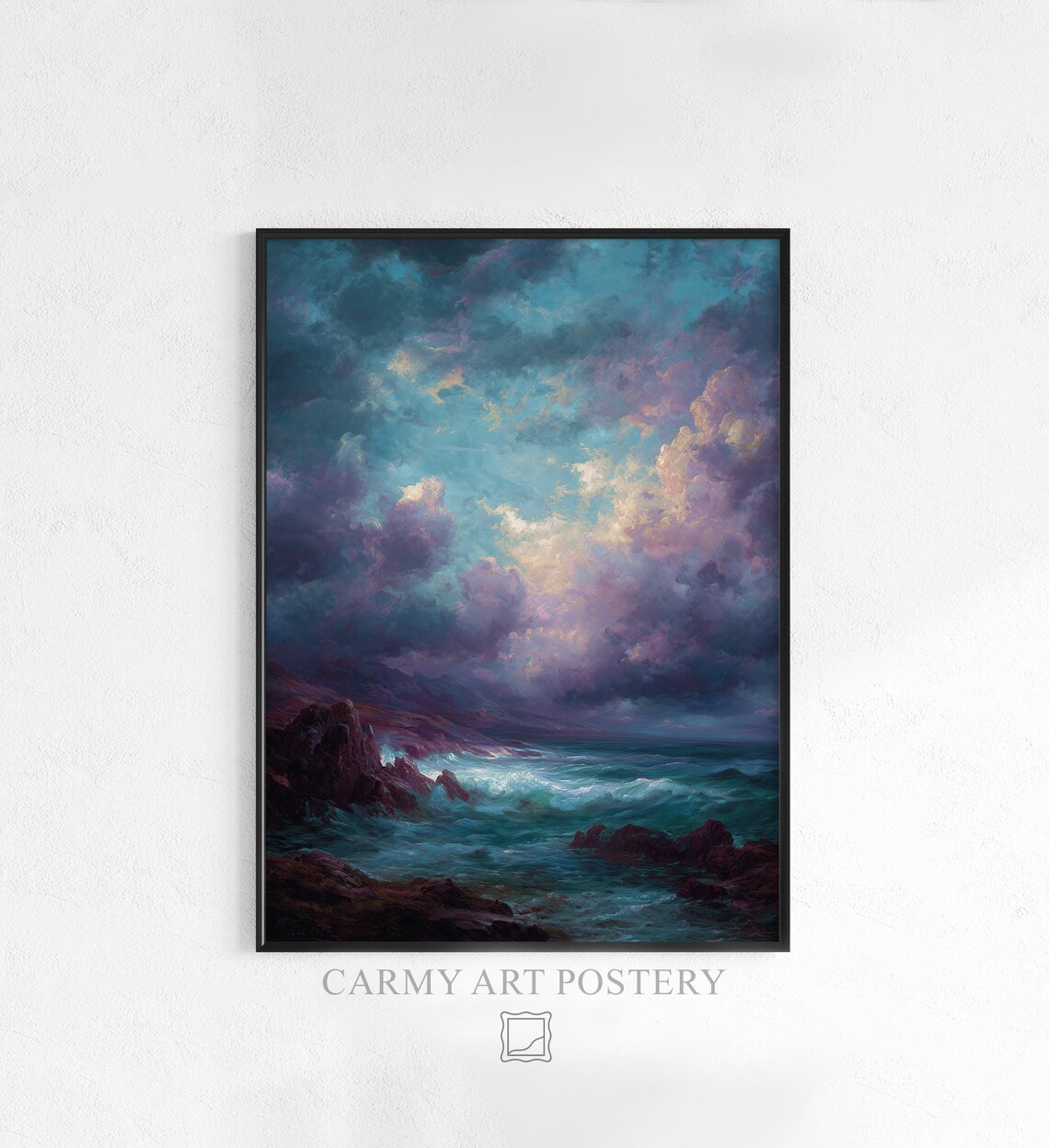 Moody Stormy Seascape Painting, Dramatic Coastal Landscape