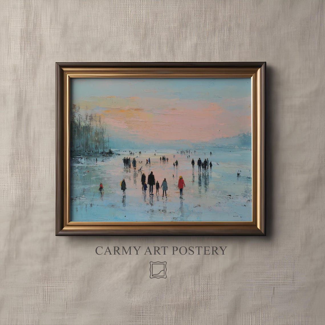 Winter Ice Skating Crowd Pastel Sunset Vintage Painting Wall Art