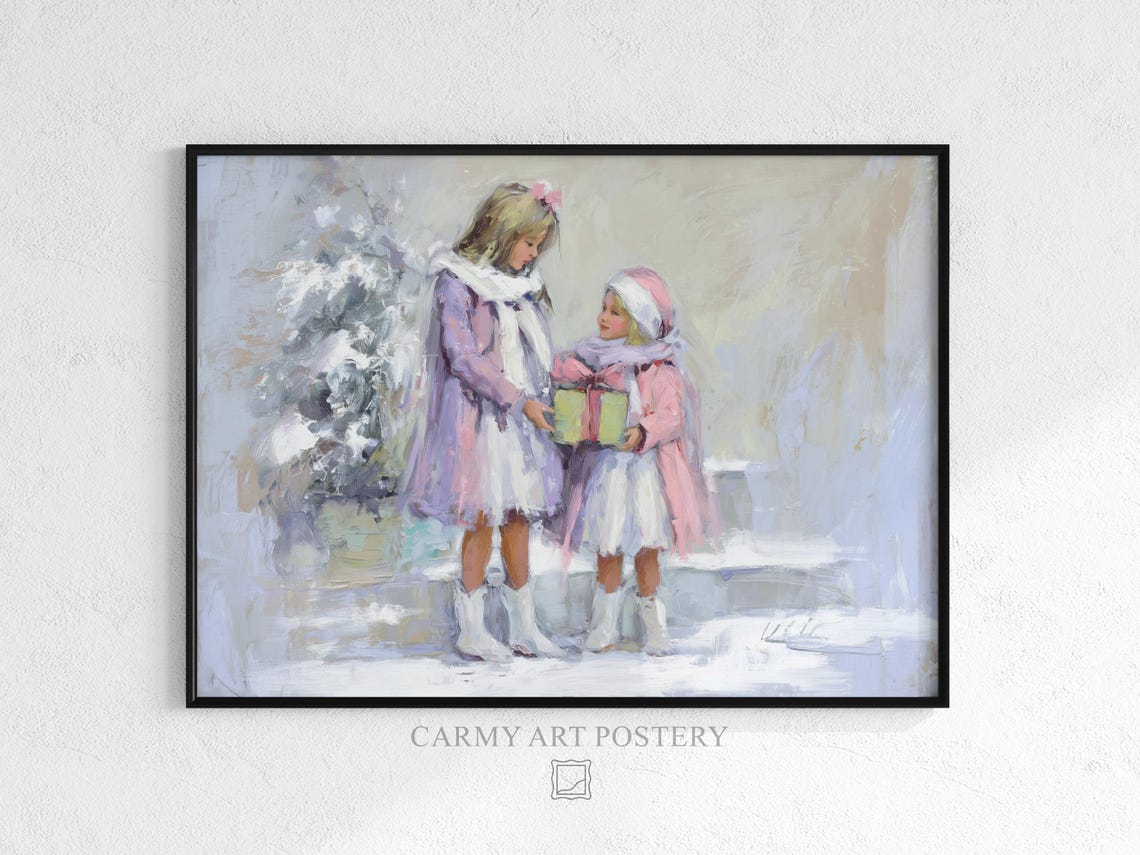 Two Little Girls Snowy Gift Exchange Pastel Watercolor Wall Art