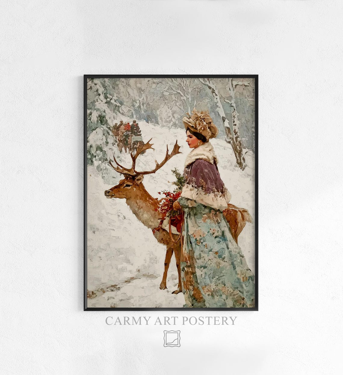 Victorian Woman With Reindeer Snowy Forest Vintage Art Poster