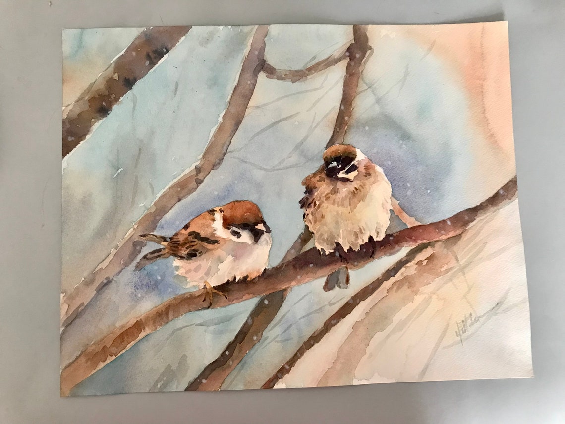 Two Tree Sparrows Resting on Winter Branches in Watercolor Poster