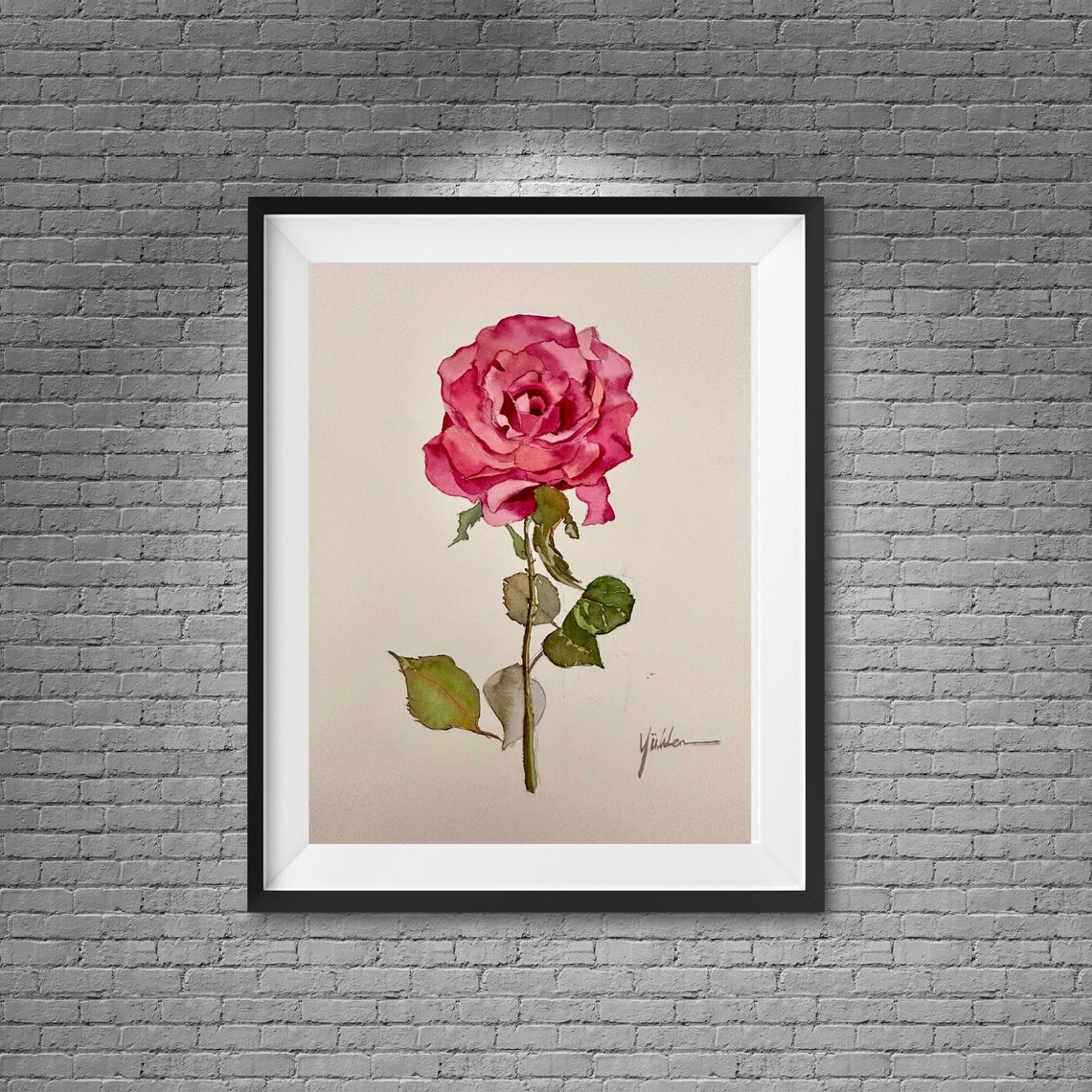 Single Pink Rose Bloom Close Up Watercolor Floral Art Poster - Image 3